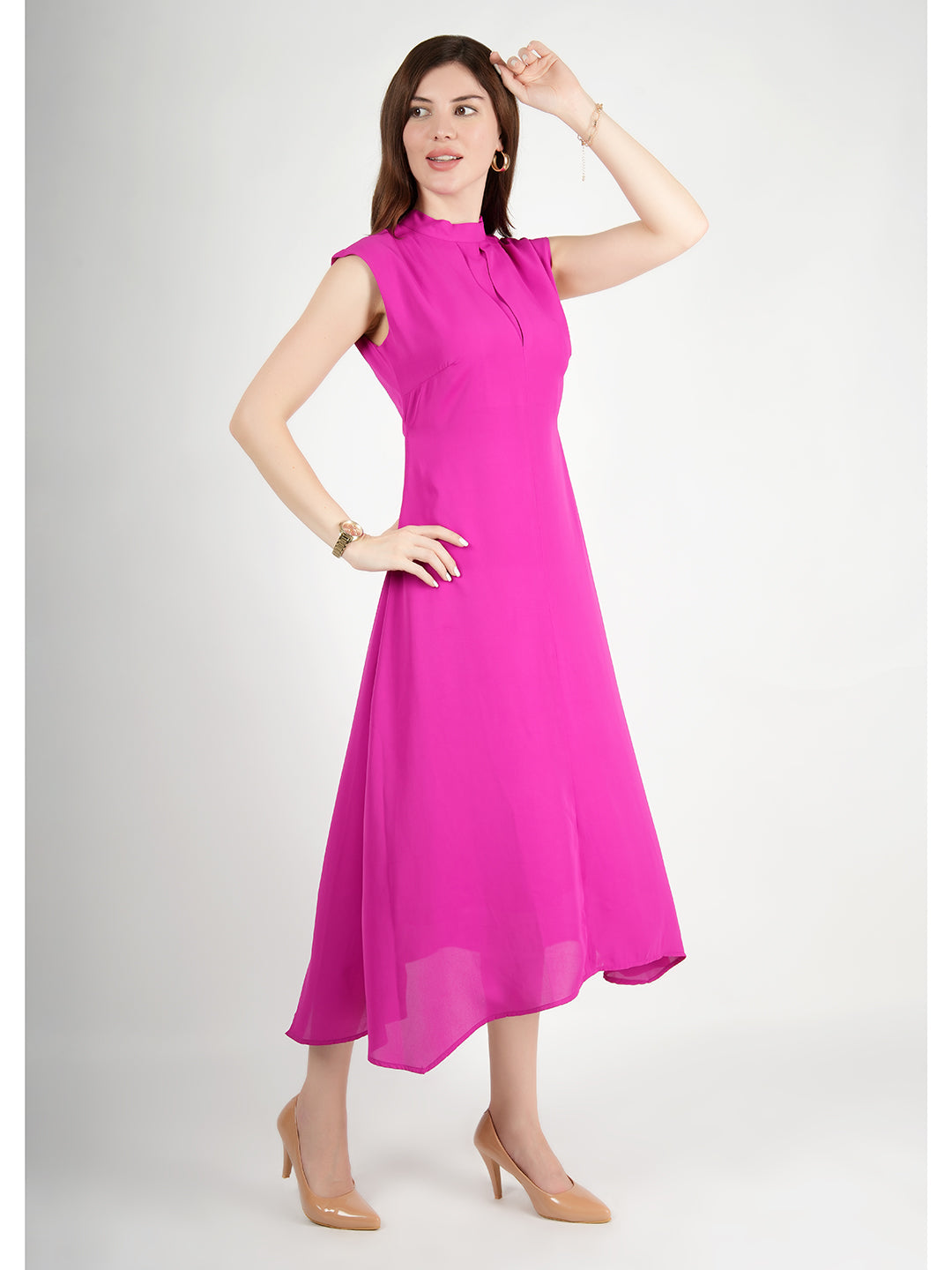 Fuchsia-Polyester-Vibrance-Open-Back-Midi-Dress