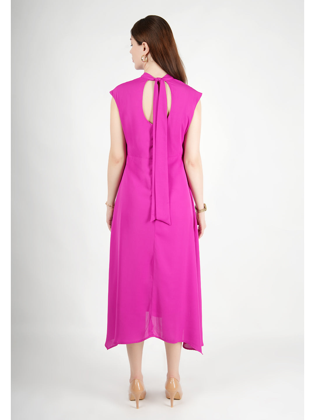 Fuchsia-Polyester-Vibrance-Open-Back-Midi-Dress