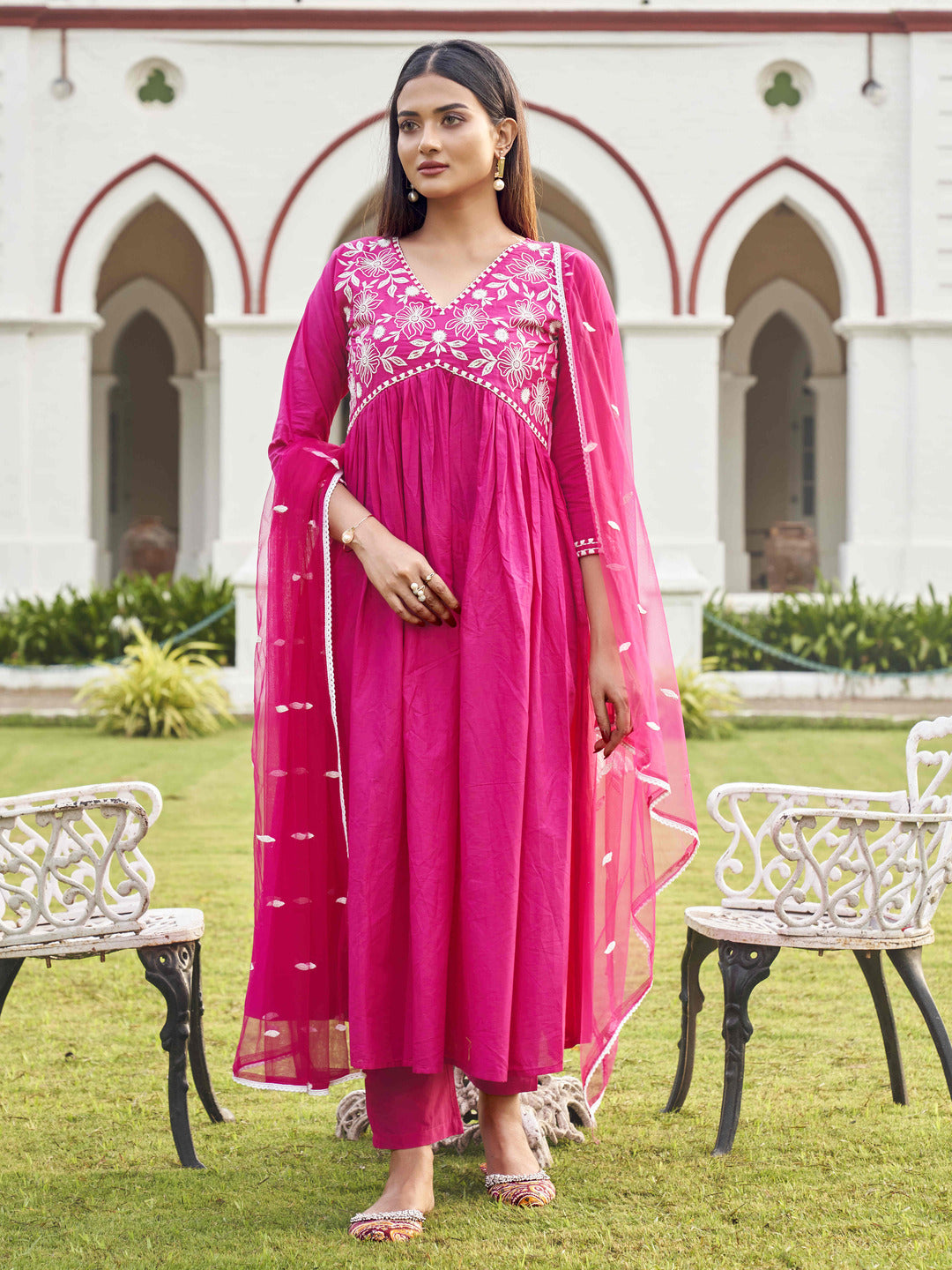 Fuchsia-Cotton-Embroidery-Anarkali-Set-With-Net-Dupatta