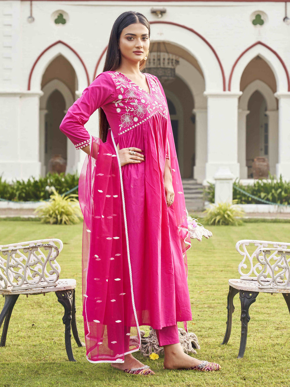 Fuchsia-Cotton-Embroidery-Anarkali-Set-With-Net-Dupatta
