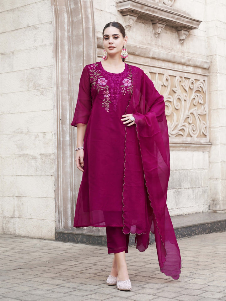 Fuchsia-Pink-Organza-Multi-Color-Embroidered-A-Line-3-Piece-Kurta-Set