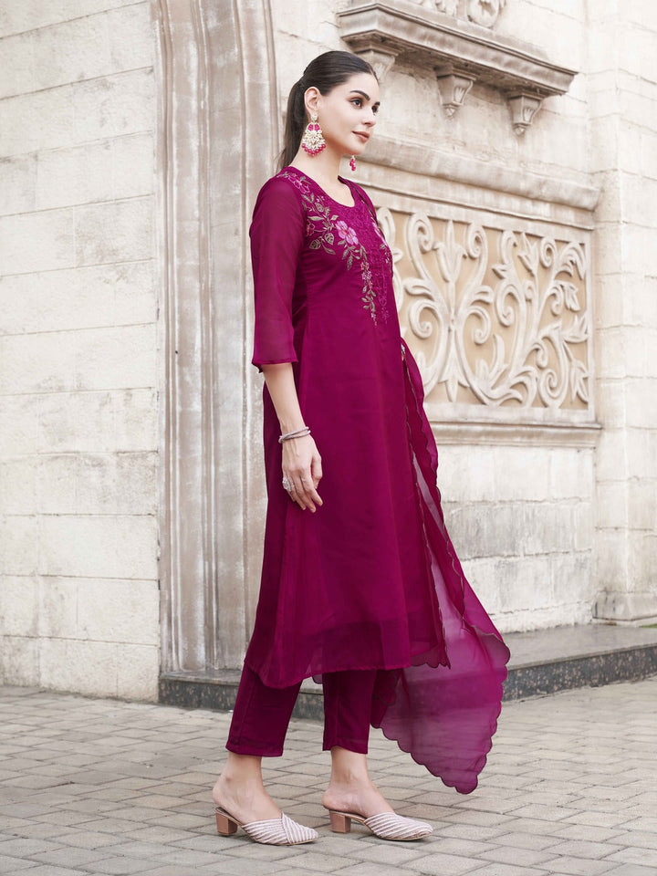 Fuchsia-Pink-Organza-Multi-Color-Embroidered-A-Line-3-Piece-Kurta-Set