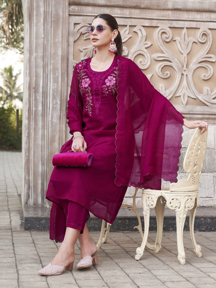 Fuchsia-Pink-Organza-Multi-Color-Embroidered-A-Line-3-Piece-Kurta-Set