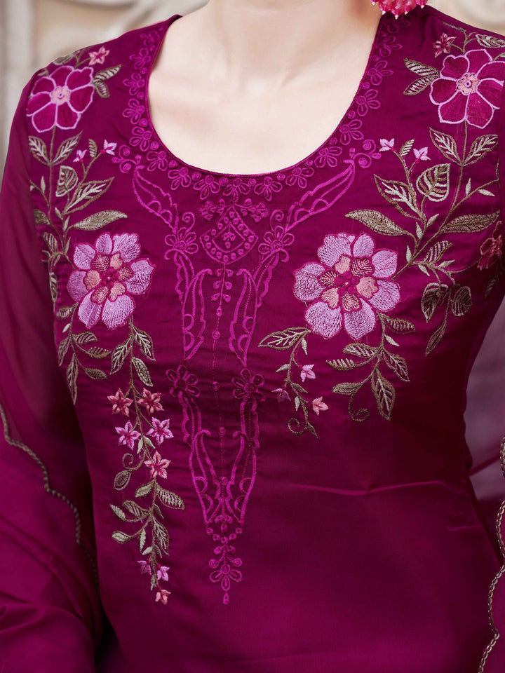 Fuchsia-Pink-Organza-Multi-Color-Embroidered-A-Line-3-Piece-Kurta-Set