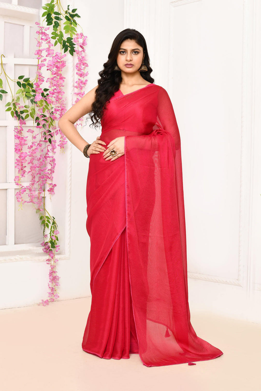 ZERESOUQ-Fuschia-Pink-Plain-Chiffon-Tissue-Saree