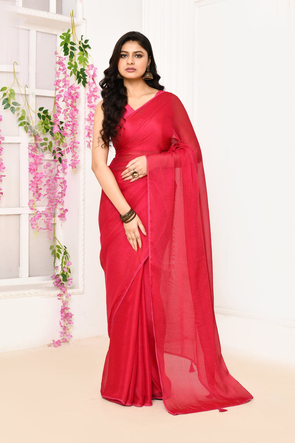 ZERESOUQ-Fuschia-Pink-Plain-Chiffon-Tissue-Saree