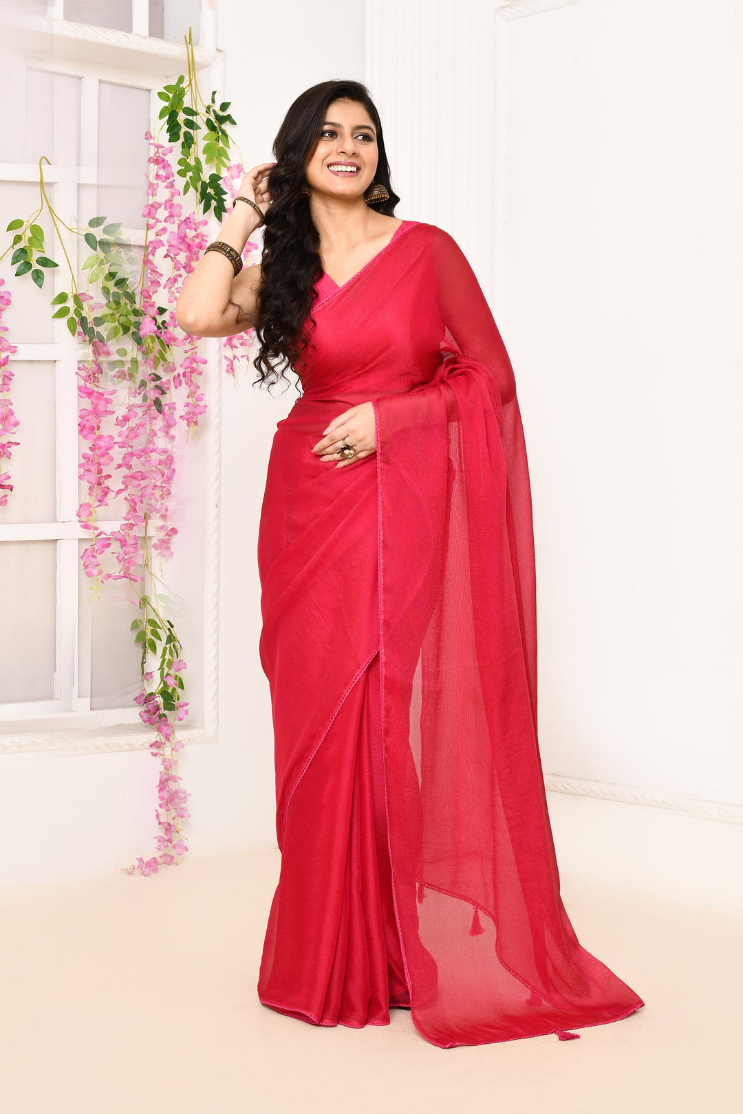 Fuschia-Pink-Plain-Chiffon-Tissue-Saree