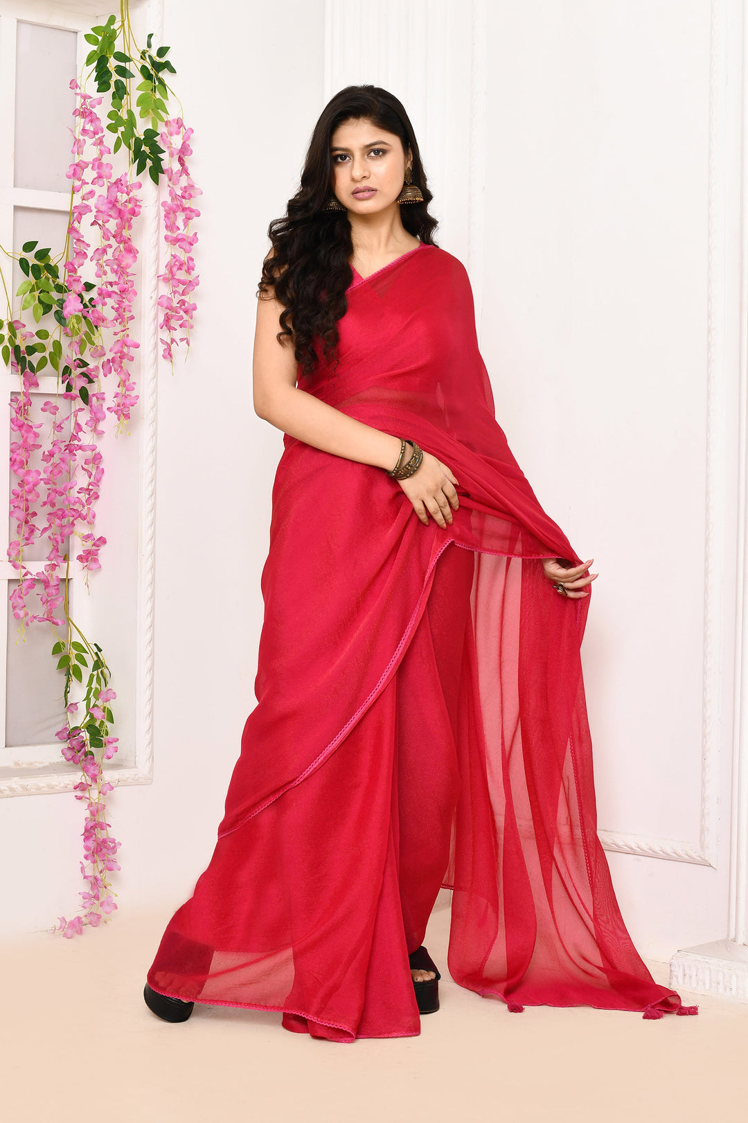 Fuschia-Pink-Plain-Chiffon-Tissue-Saree