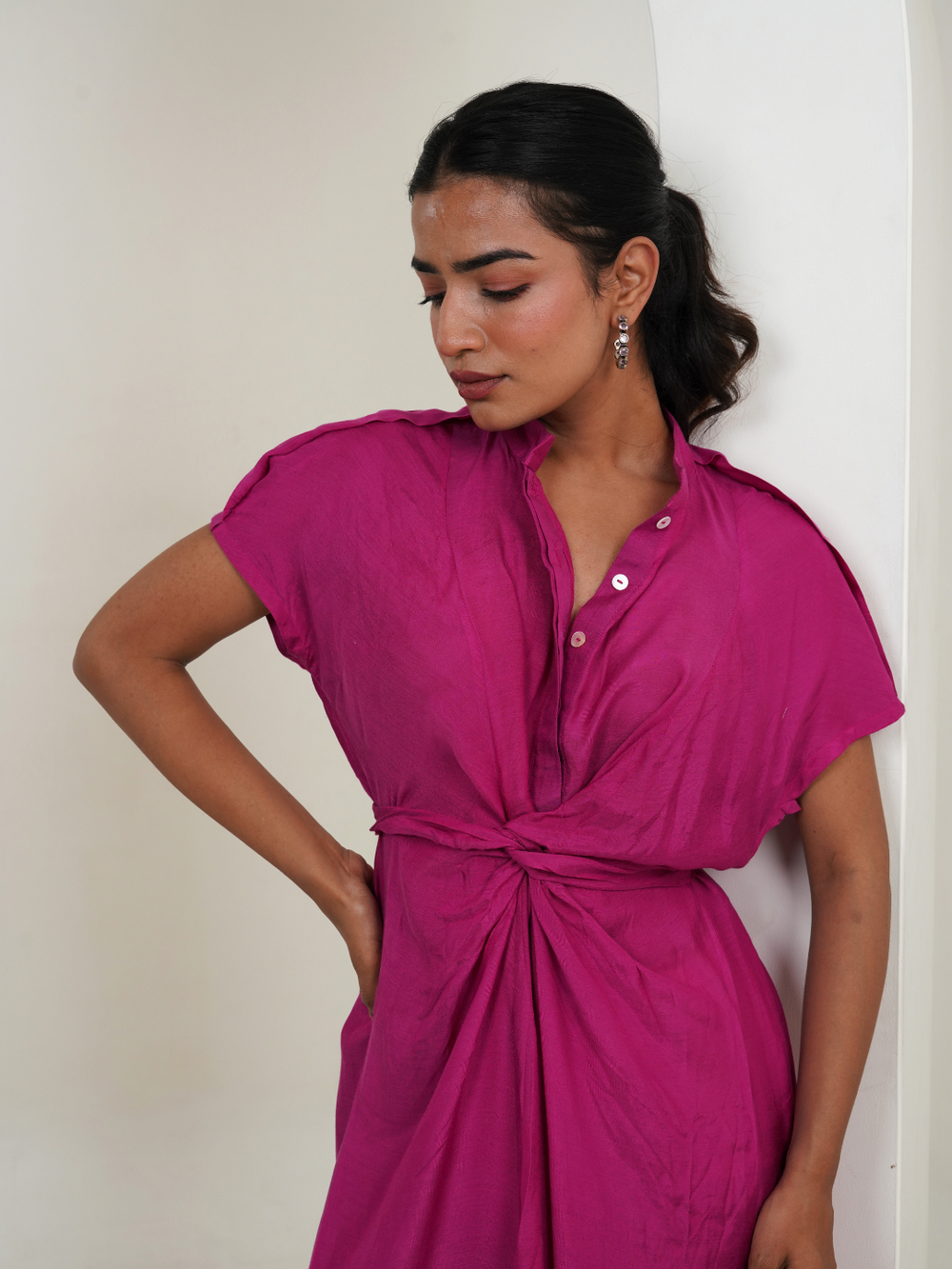 Fuscia-Pink-Cotton-Silk-Knotted-Maxi-Dress