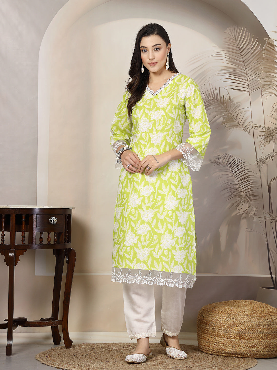 Parrot-Green-Cotton-Floral-Printed-Straight-Kurta-Only