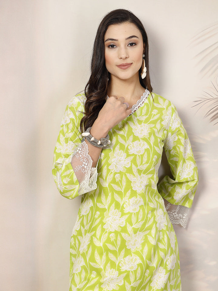 Parrot-Green-Cotton-Floral-Printed-Straight-Kurta-Only