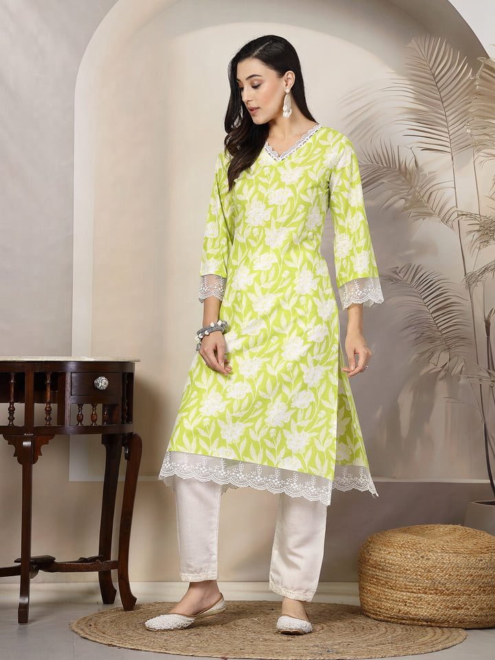 Parrot-Green-Cotton-Floral-Printed-Straight-Kurta-Only