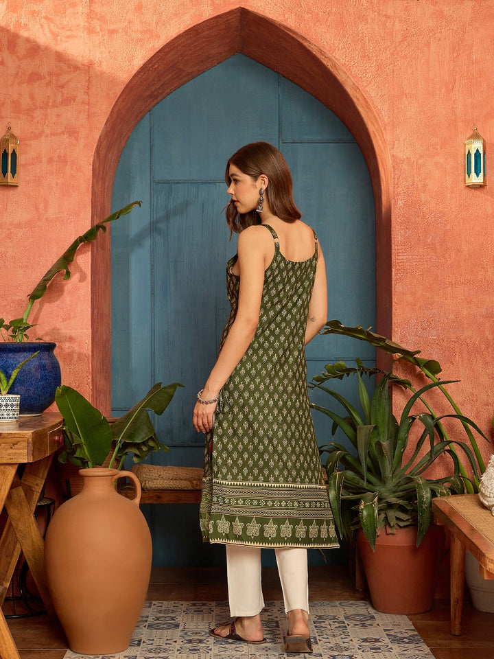 Green Ethnic Motif Printed Rayon Straight Kurta
