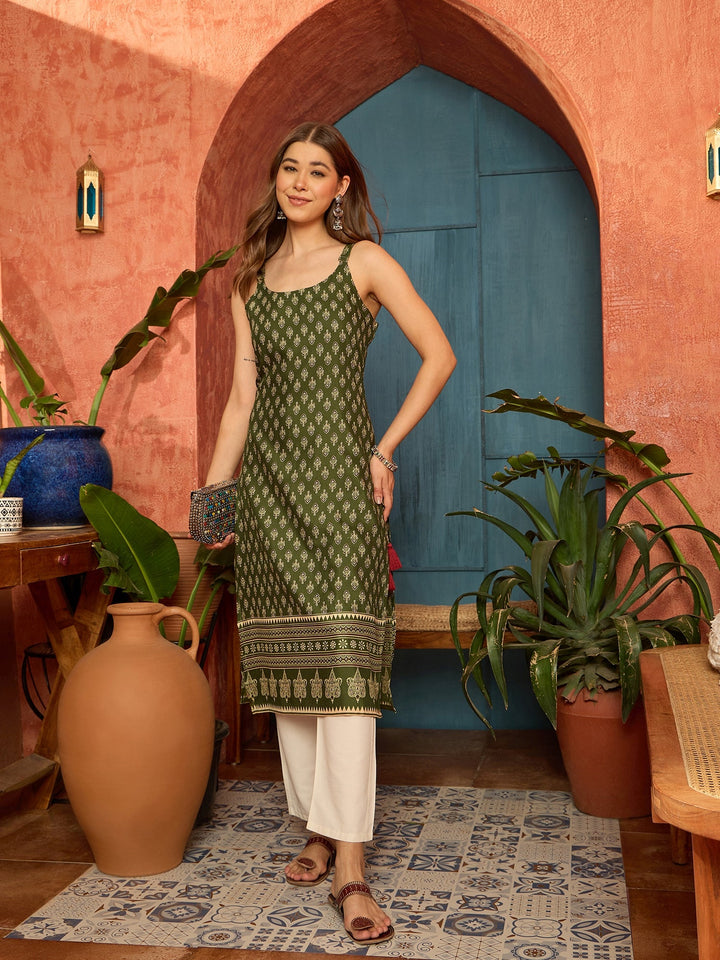 Green Ethnic Motif Printed Rayon Straight Kurta