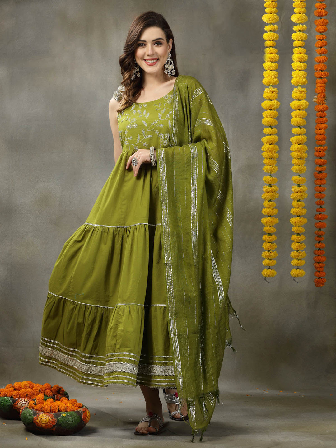 Green-Cotton-Embroidered-Tiered-2-Piece-Kurta-Set