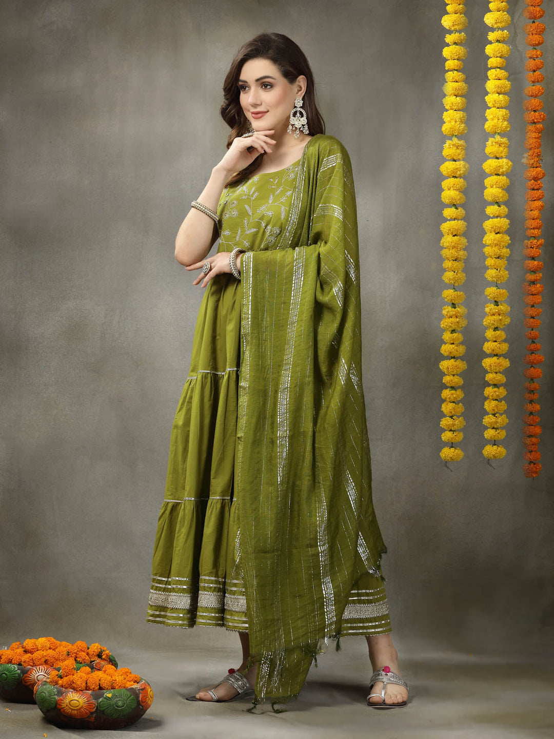 Green-Cotton-Embroidered-Tiered-2-Piece-Kurta-Set