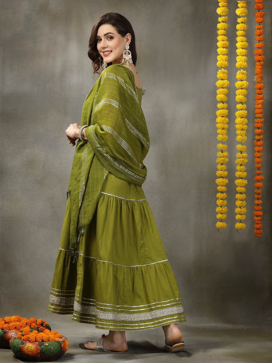 Green-Cotton-Embroidered-Tiered-2-Piece-Kurta-Set