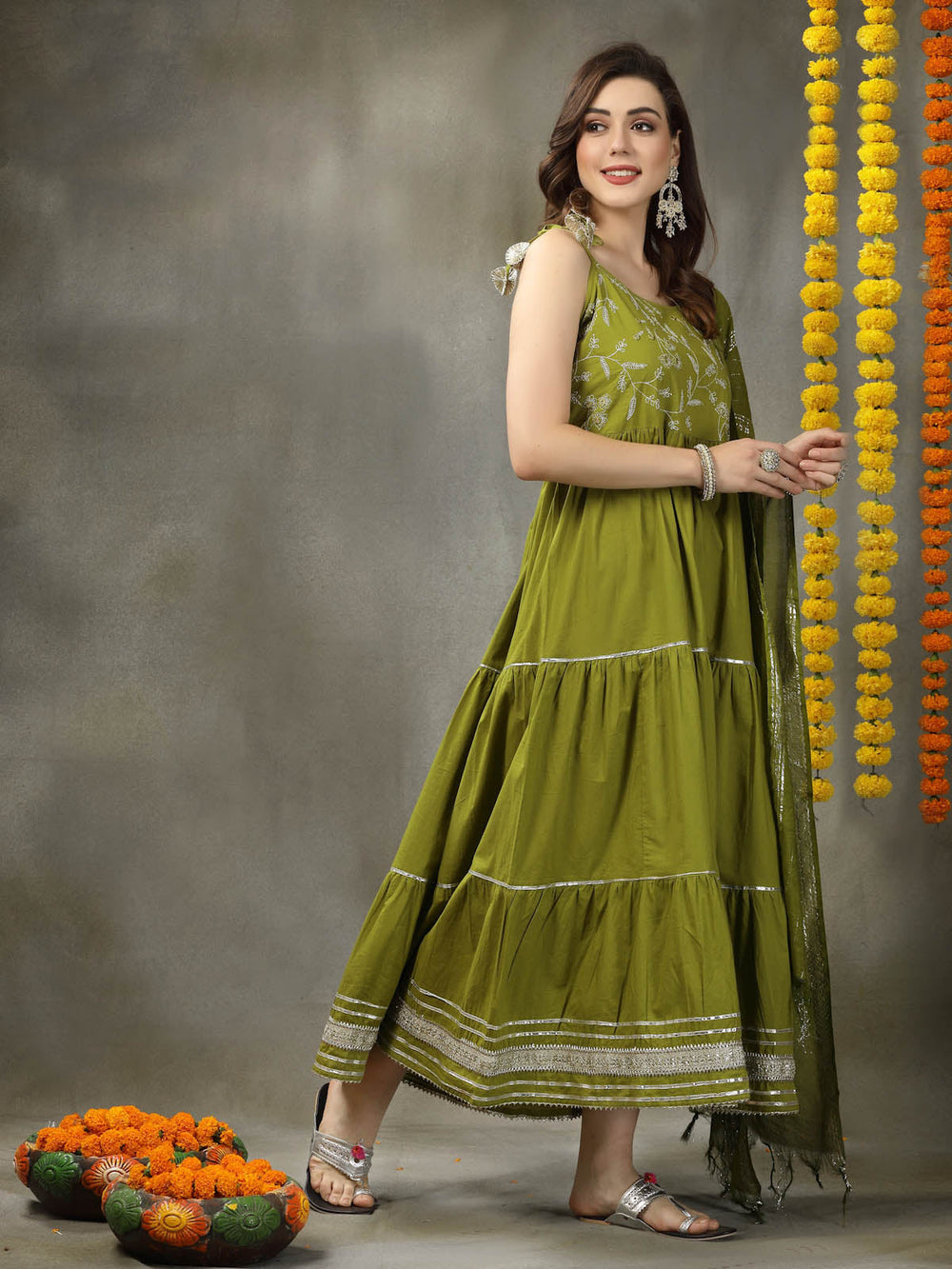 Green-Cotton-Embroidered-Tiered-2-Piece-Kurta-Set