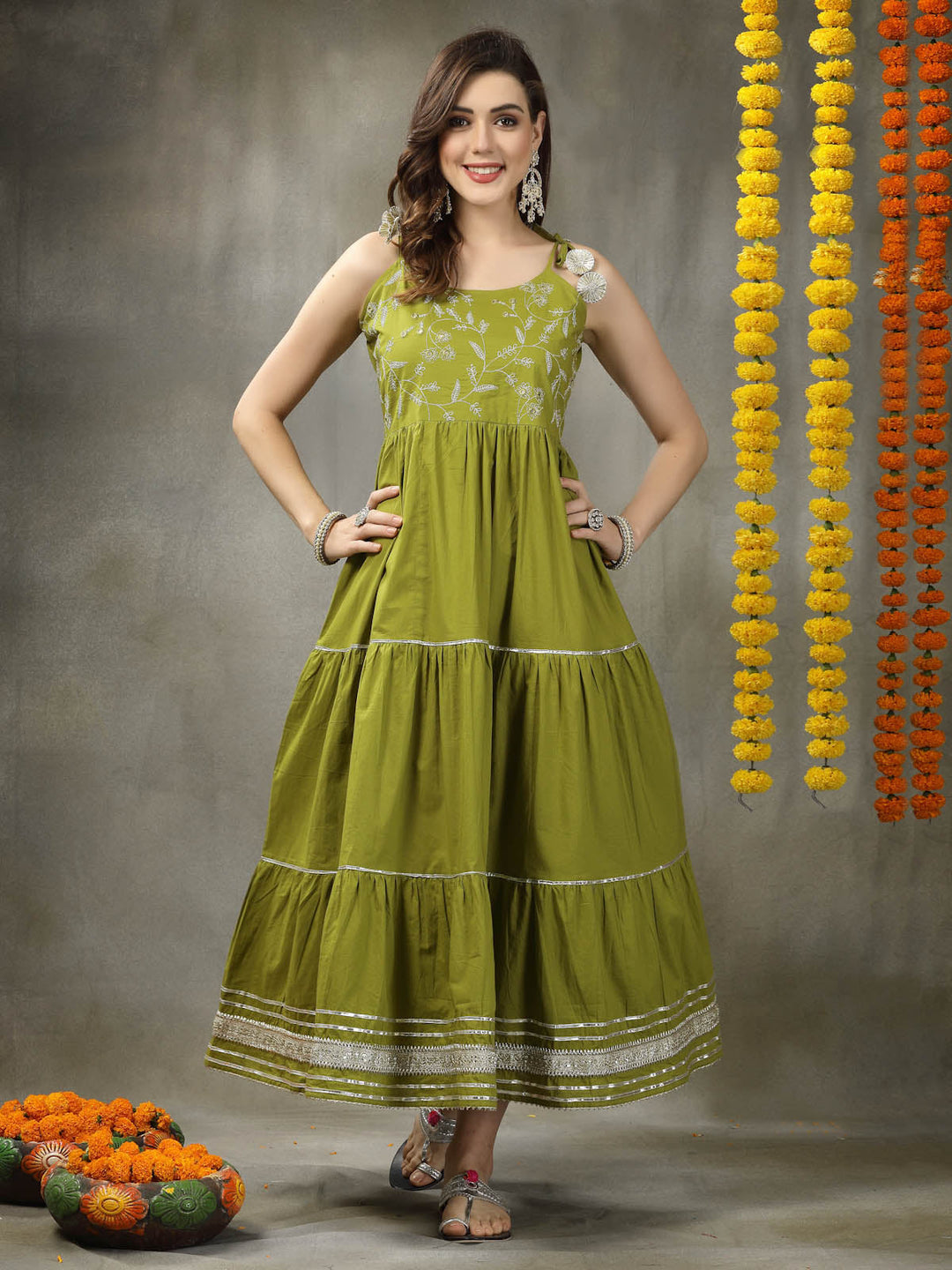 Green-Cotton-Embroidered-Tiered-2-Piece-Kurta-Set