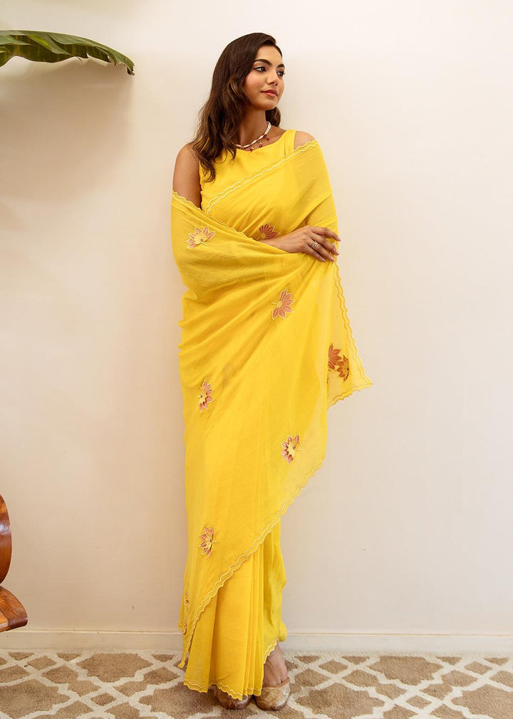 Gayatri-Yellow-Embossed-Embroidered-Pre-Draped-Saree