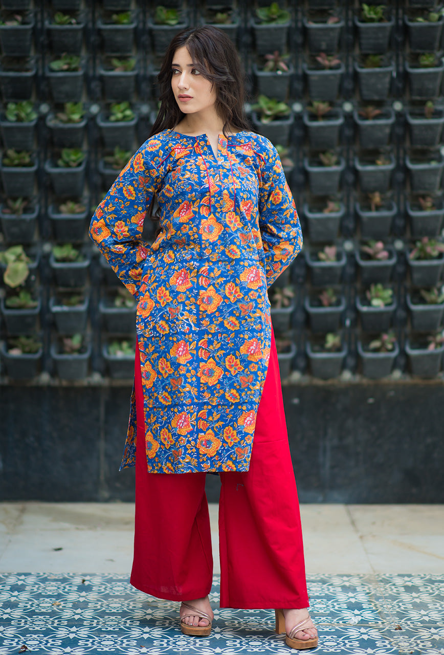 Gehra-Neela-Blue-Cotton-Hand-Block-Print-Kurta