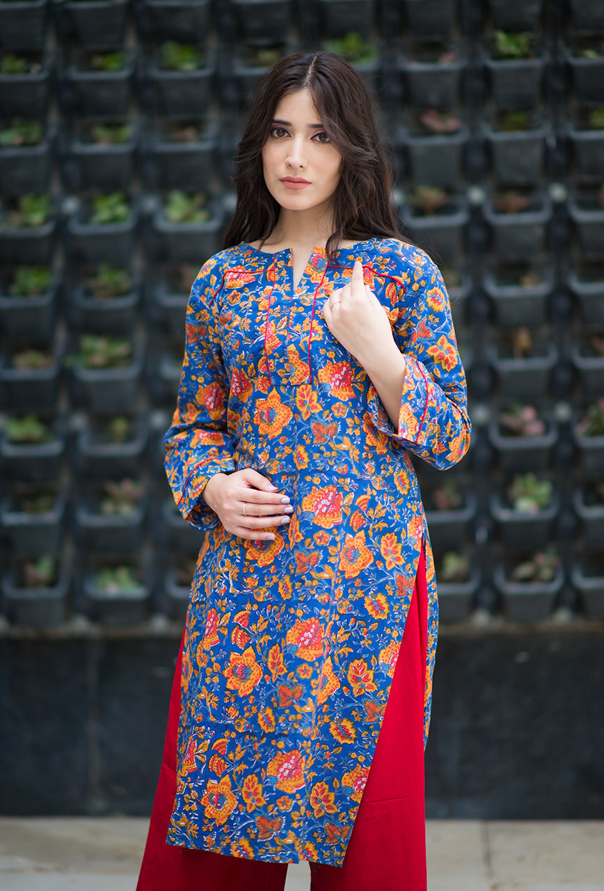 Gehra-Neela-Blue-Cotton-Hand-Block-Print-Kurta