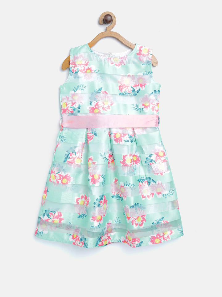 Girls Aqua Green Polyester Sheer Stripe Floral Dress
