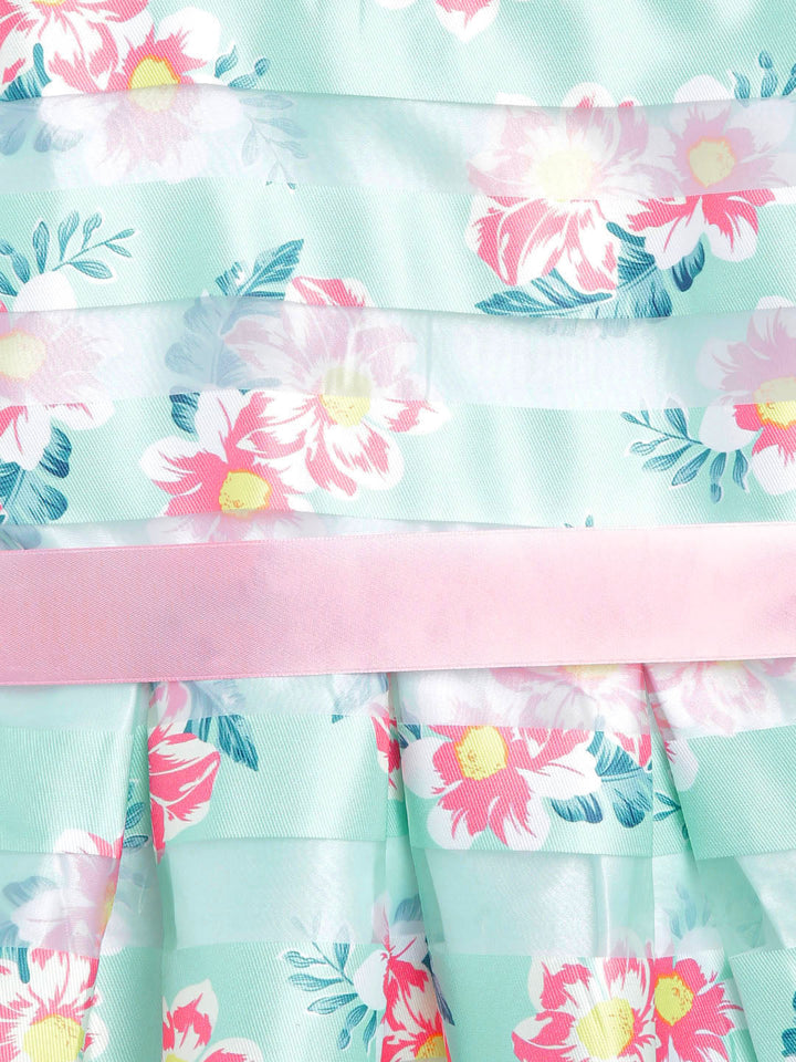Girls Aqua Green Polyester Sheer Stripe Floral Dress