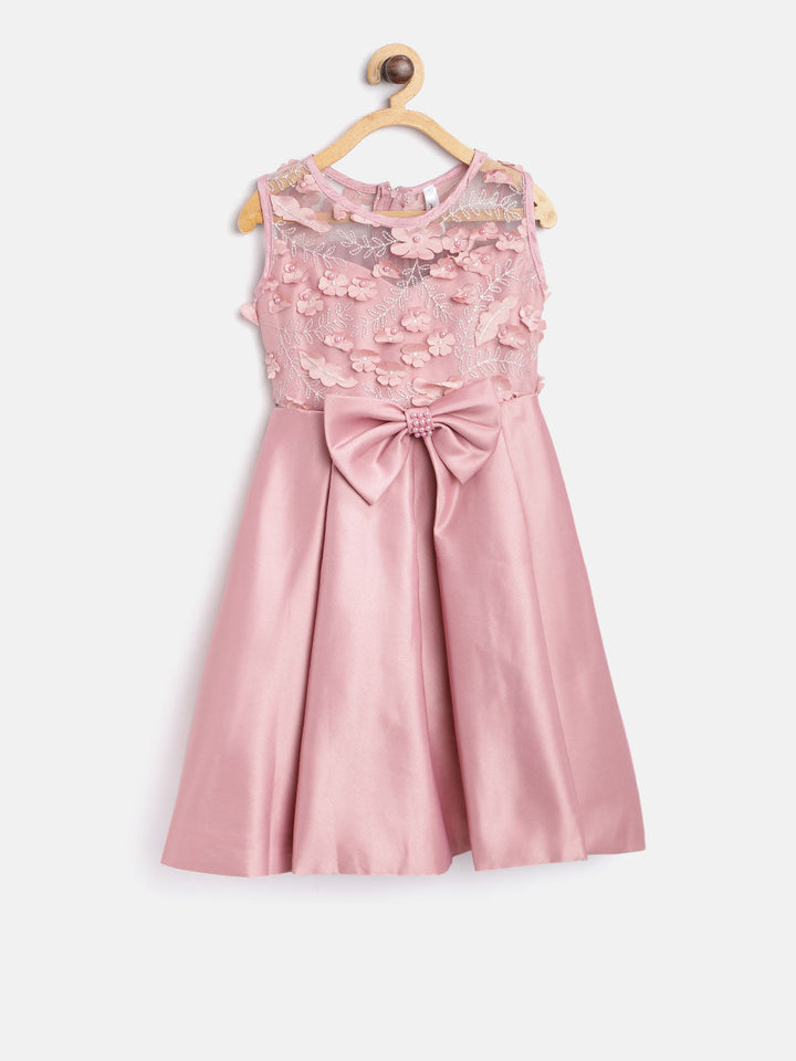 Girls Berry Pink Polyester Embroidered Party Dress