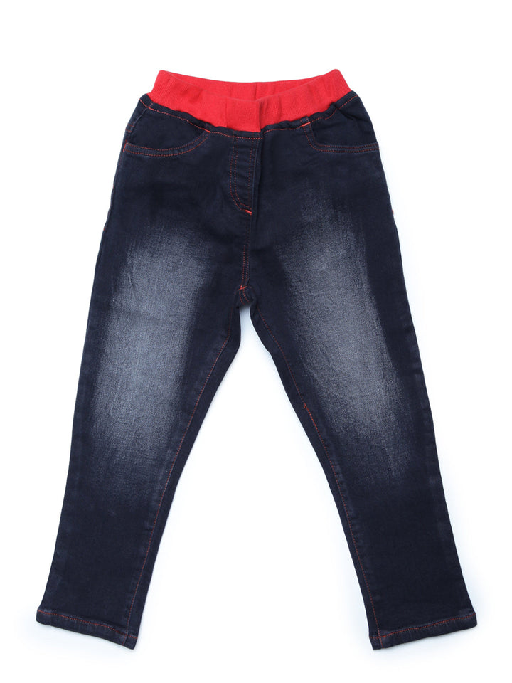 Girls Black Denim Jeans With Red Rib Waistband