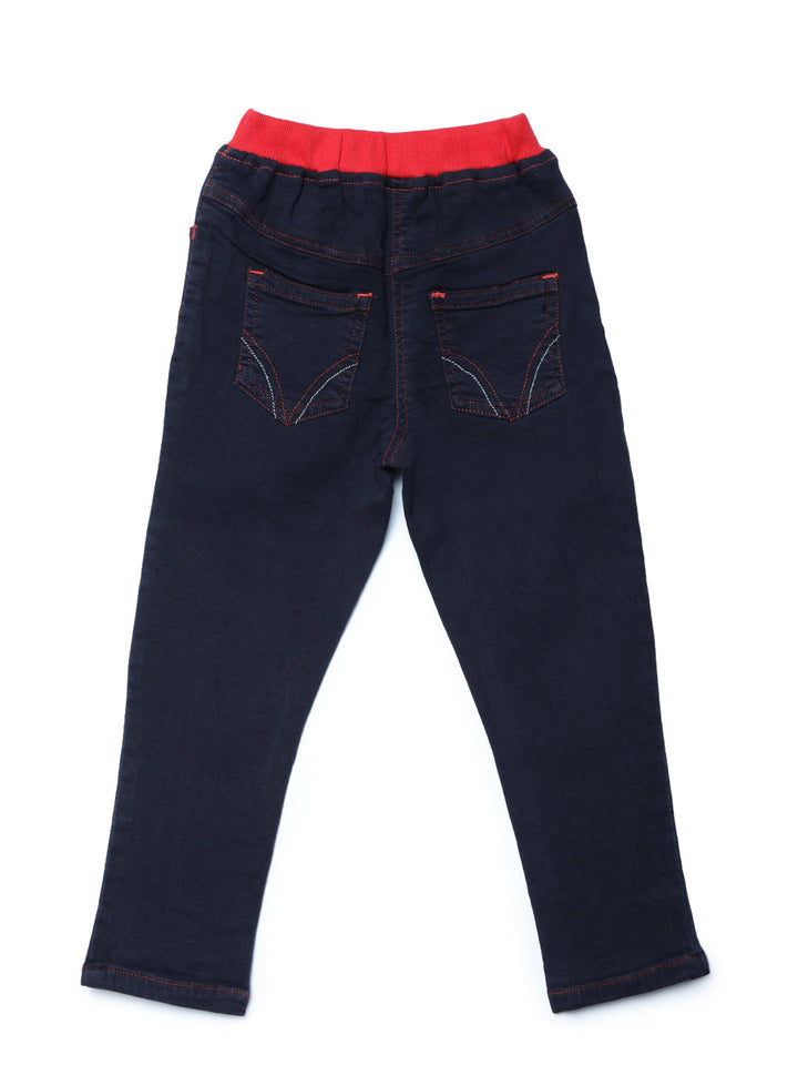 Girls Black Denim Jeans With Red Rib Waistband