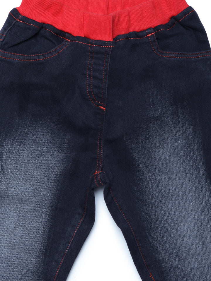 Girls Black Denim Jeans With Red Rib Waistband