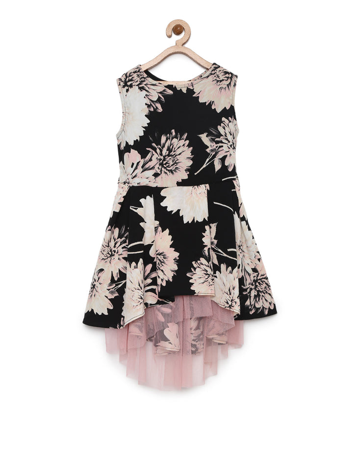 Girls Black Polyester Crepe Floral Print High-Low Dress