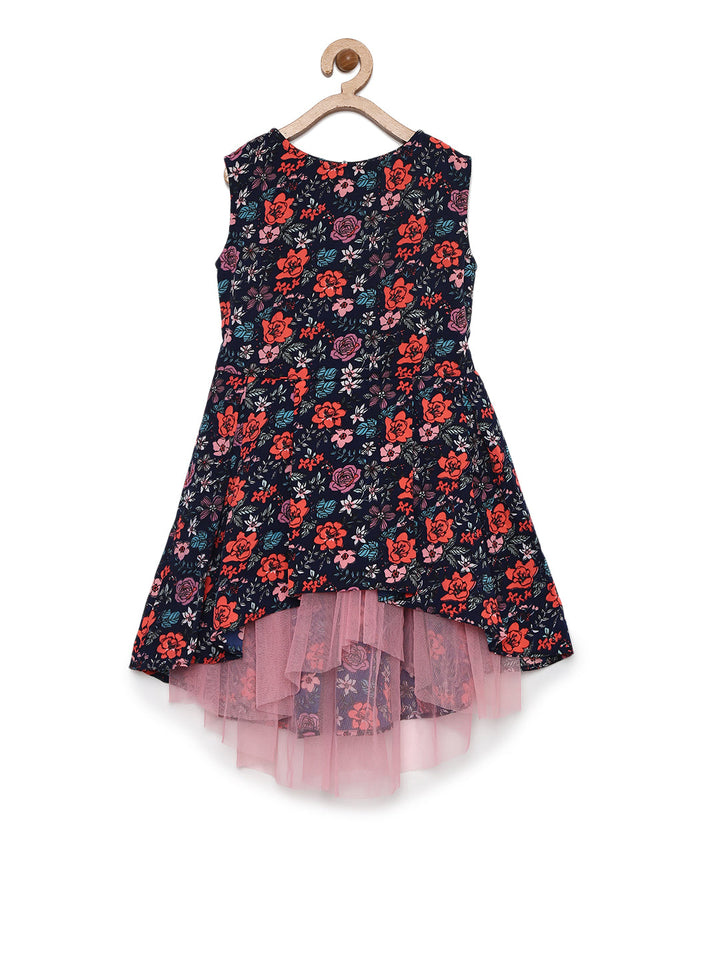 Girls Black Multicolored Crepe Floral Print High-Low Dress