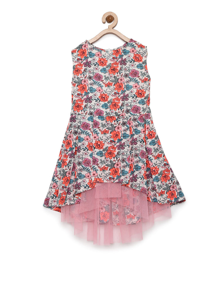 Girls White Multicolored Crepe Floral Print High-Low Dress