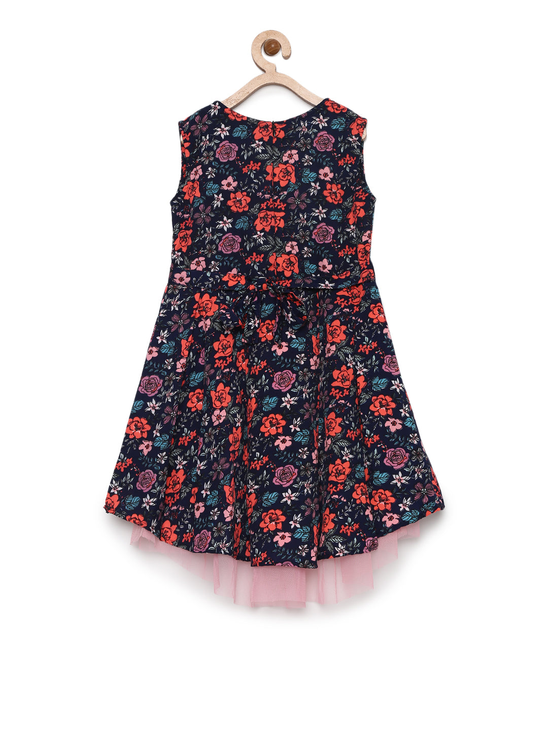 Girls Black Multicolored Crepe Floral Print High-Low Dress
