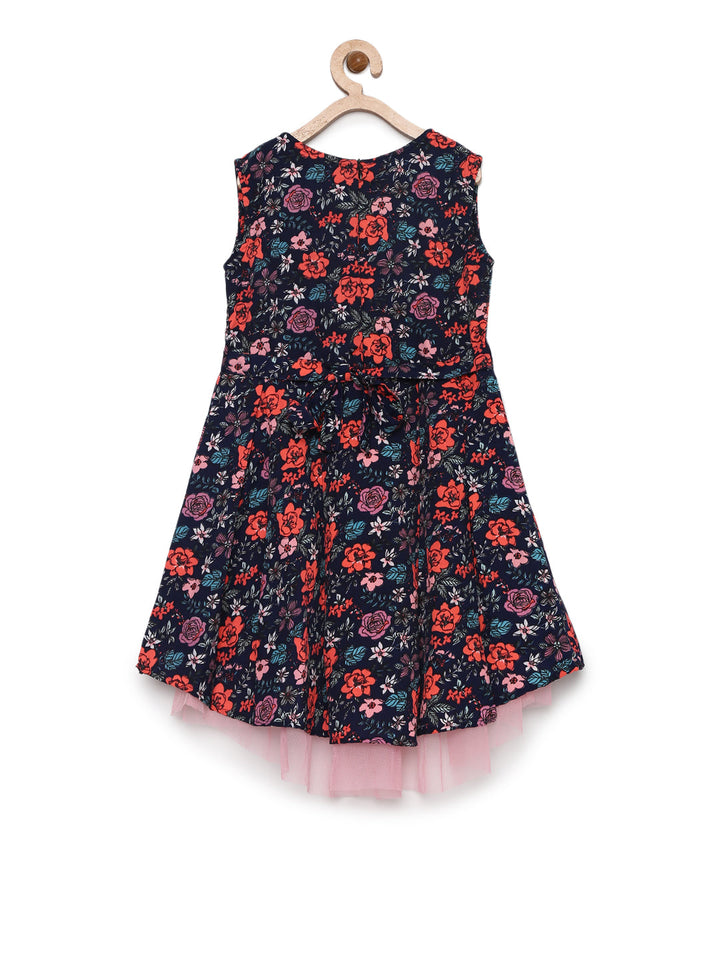 Girls Black Multicolored Crepe Floral Print High-Low Dress