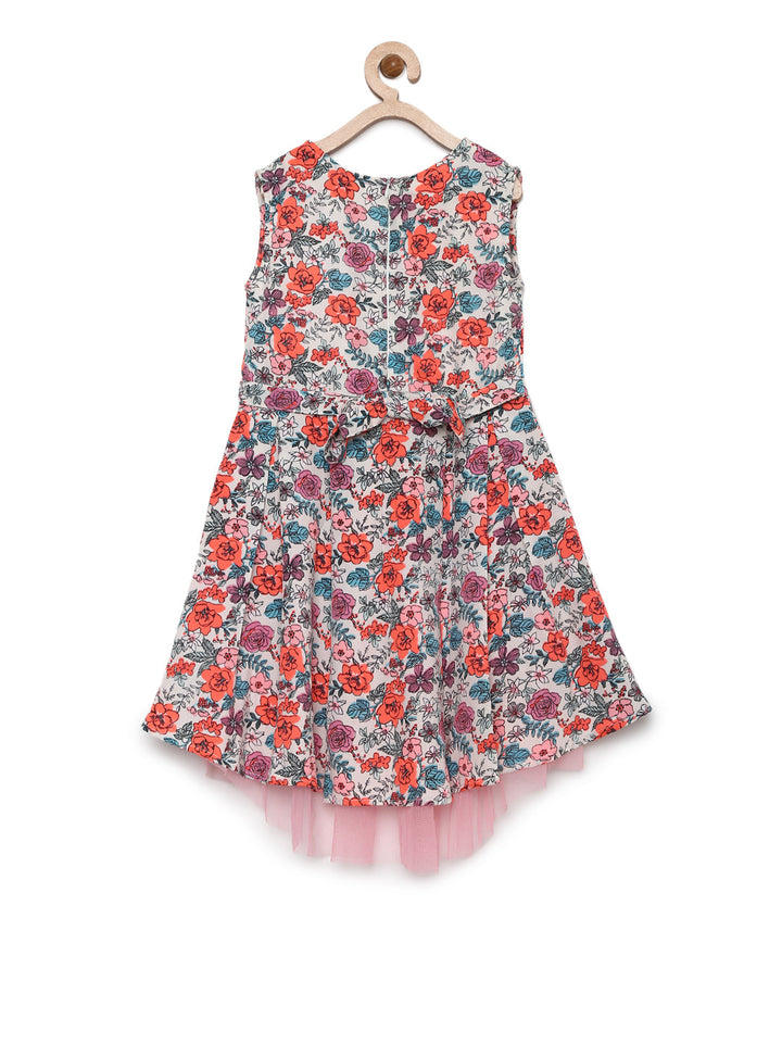 Girls White Multicolored Crepe Floral Print High-Low Dress