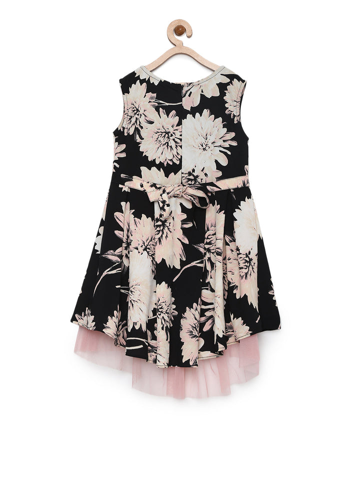 Girls Black Polyester Crepe Floral Print High-Low Dress
