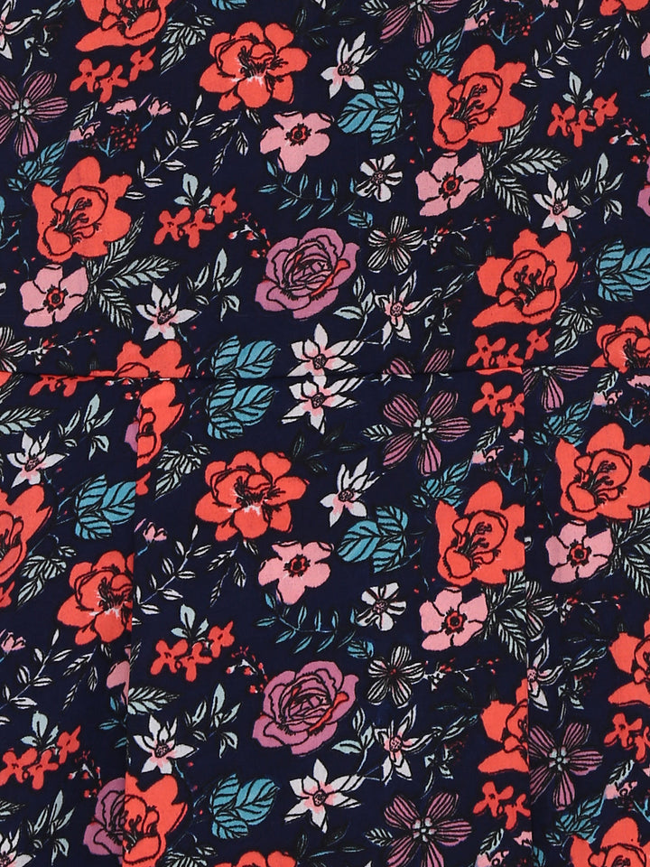 Girls Black Multicolored Crepe Floral Print High-Low Dress
