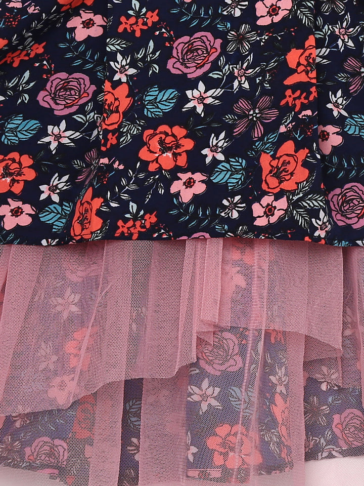 Girls Black Multicolored Crepe Floral Print High-Low Dress