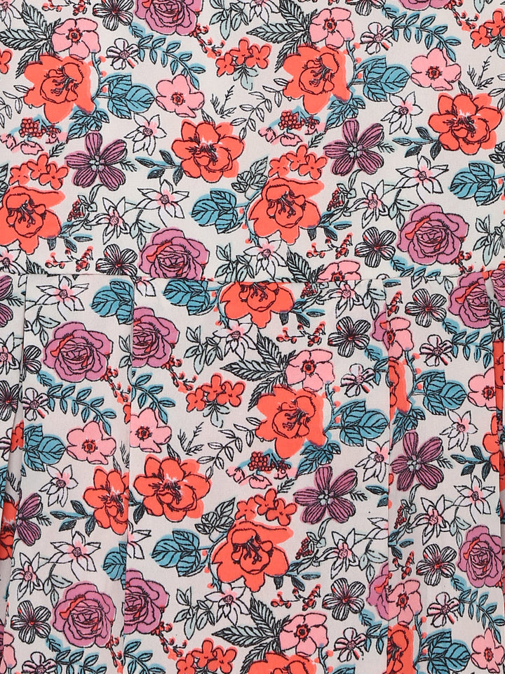 Girls White Multicolored Crepe Floral Print High-Low Dress