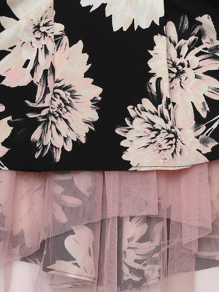 Girls Black Polyester Crepe Floral Print High-Low Dress