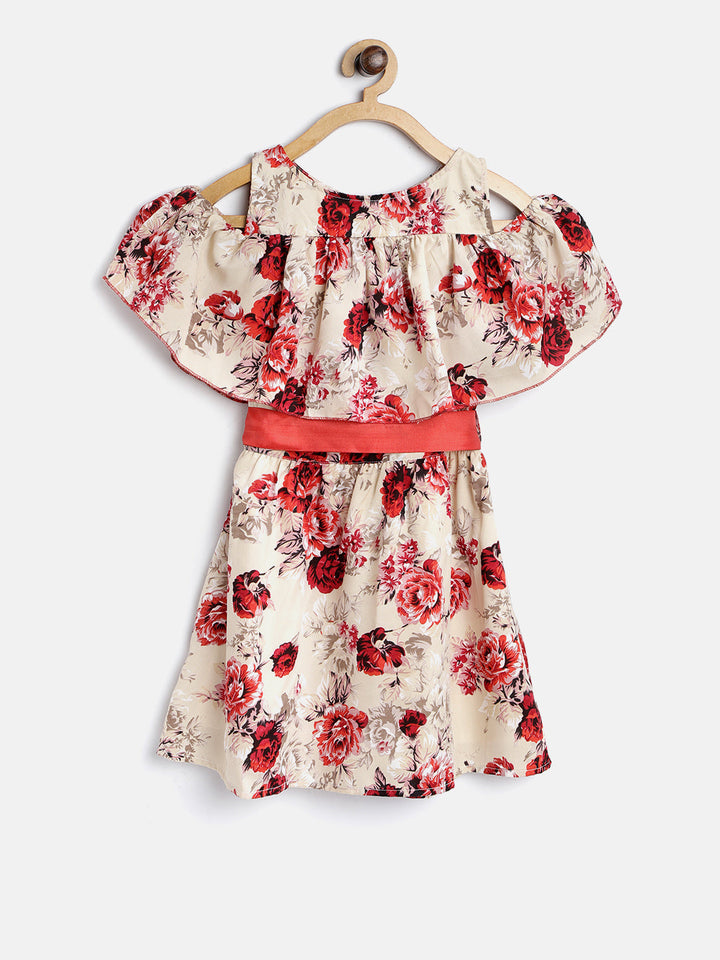 Girls Cream Crepe Cold-Shoulder Red Floral Printed Dress