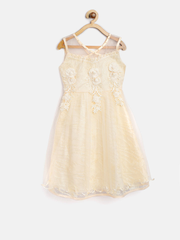 Girls Cream Polyester Flowers And Pearls Party Dress