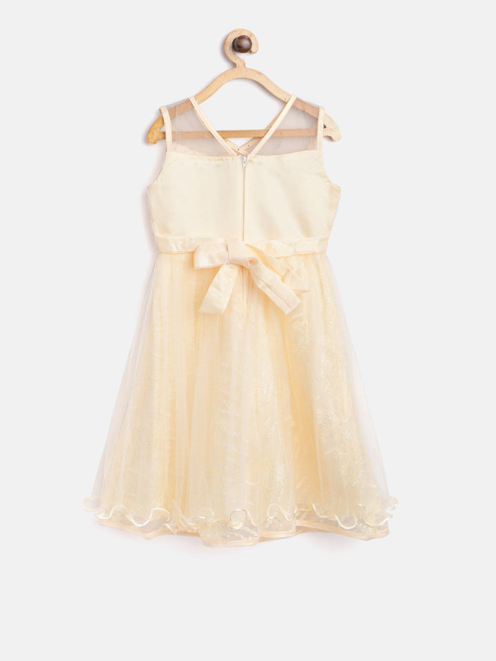 Girls Cream Polyester Flowers And Pearls Party Dress