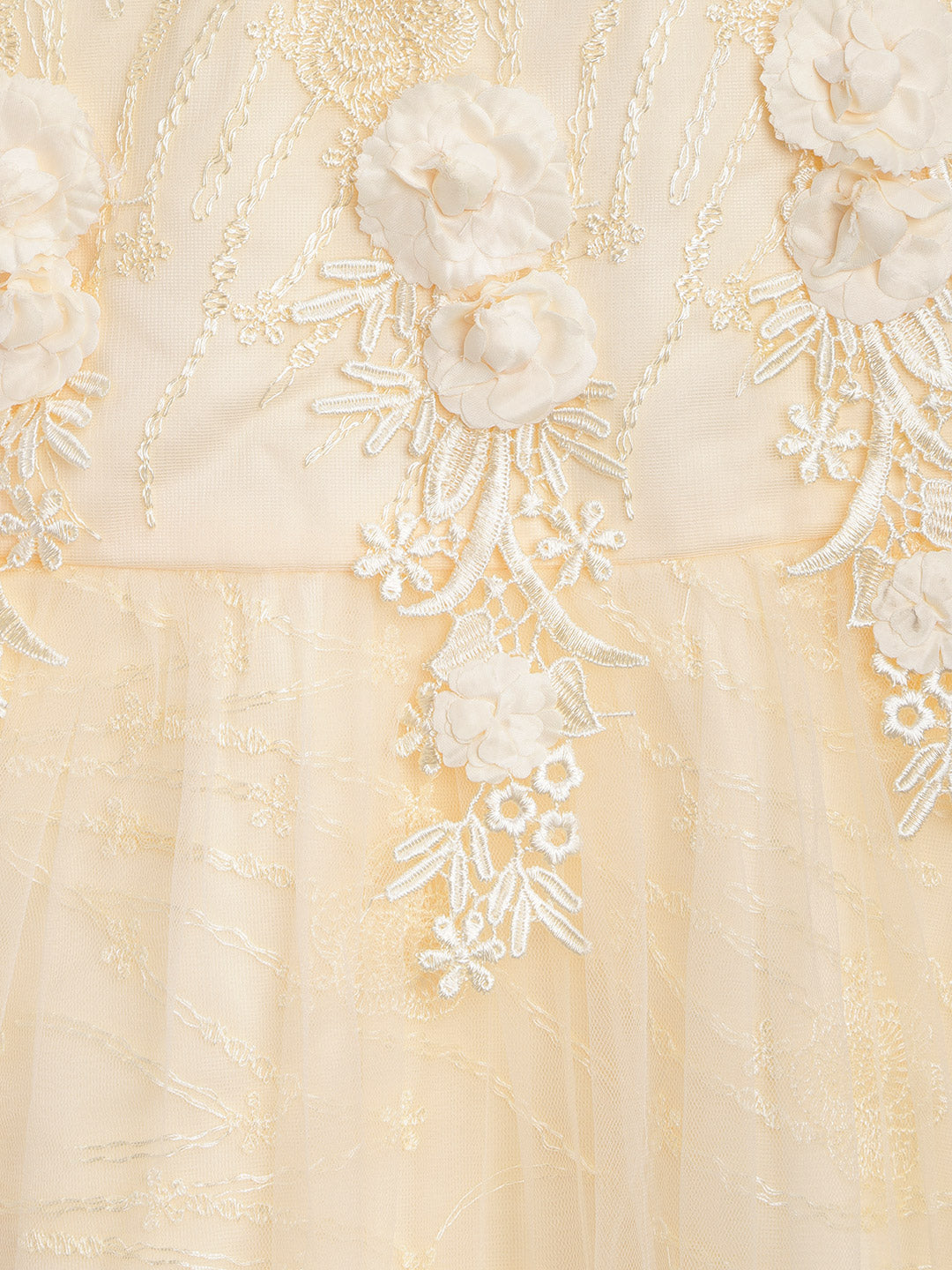 Girls Cream Polyester Flowers And Pearls Party Dress