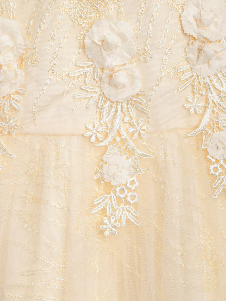 Girls Cream Polyester Flowers And Pearls Party Dress