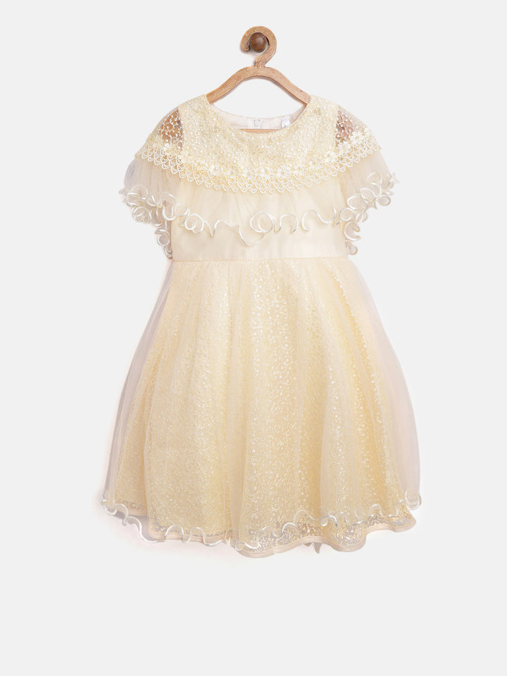 Girls Cream Polyester Embroidered Party Dress
