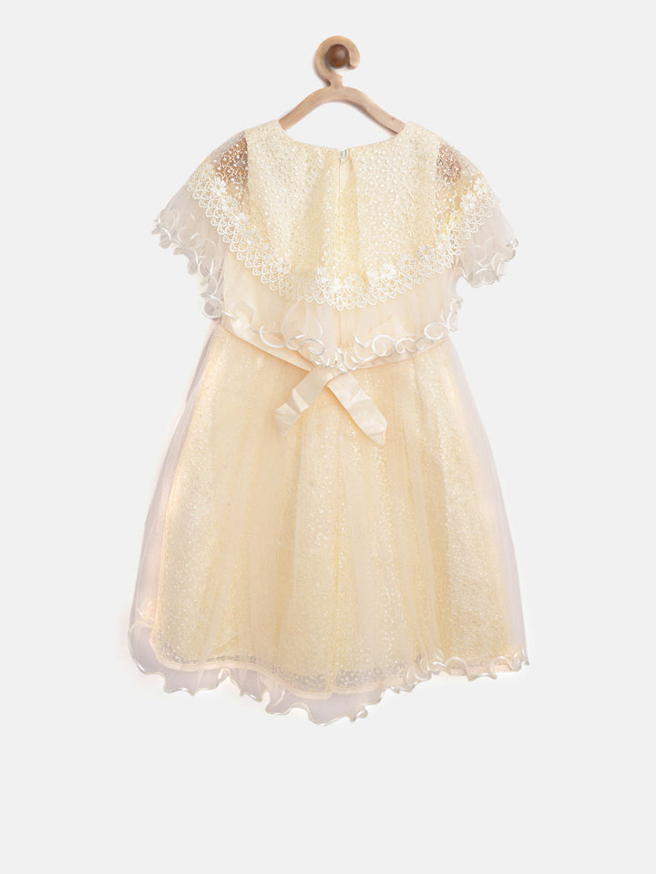 Girls Cream Polyester Embroidered Party Dress